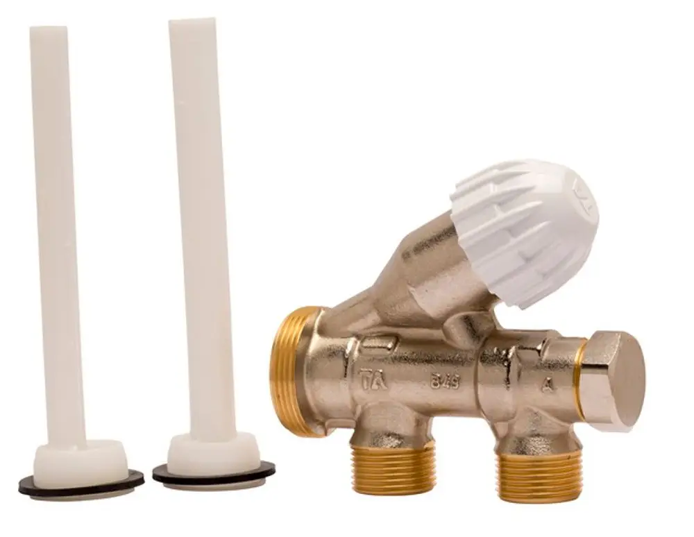 Dreiwegeventil aus Metall mit weißem Regelknopf für Heizungsanlagen. Entwässerungshülsen sind ebenfalls abgebildet. Produkt von IMI Hydronic Engineering.